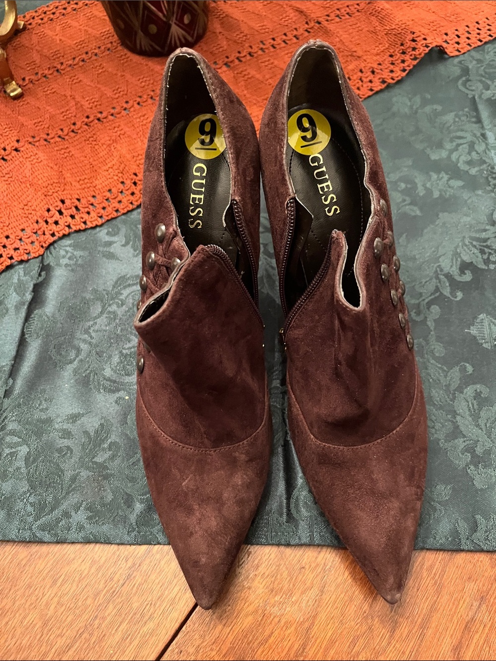 GUESS Burgundy Suede Pointed Ankle Booties with Side Button Detail